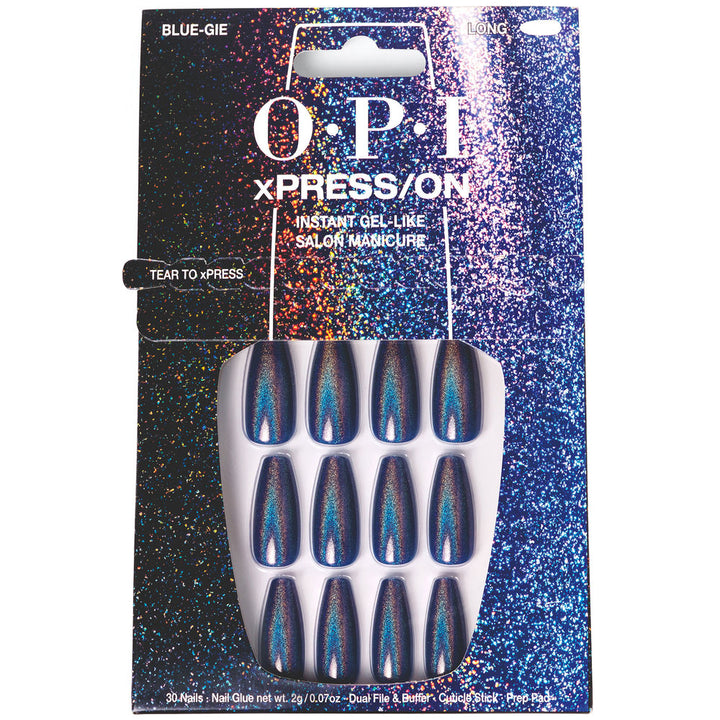 Thirty blue‑gleam press‑on nails with adhesive, file, buffer and prep pad