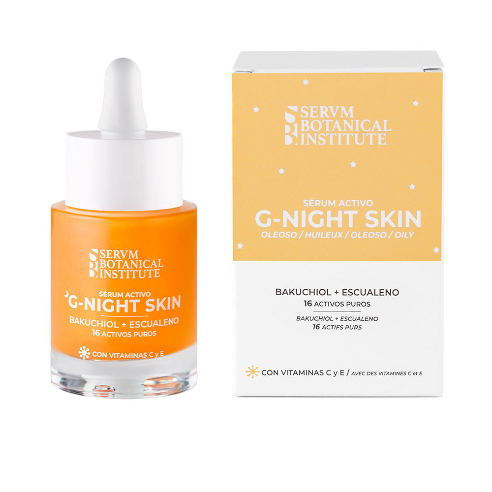 Servm Botanical Institute Glass dropper serum bottle with orange and white two-tone box, glass and plastic details, minimalist modern design .