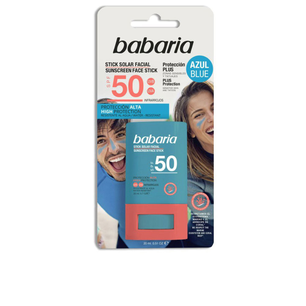 Blue Babaria SPF 50 facial sunscreen stick for face and tattoos, waterproof