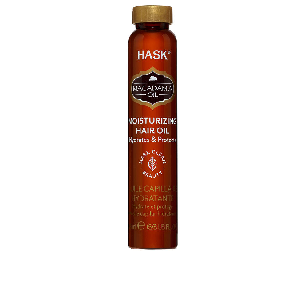 18 ml glass bottle of macadamia hair oil with golden liquid, dropper applicator