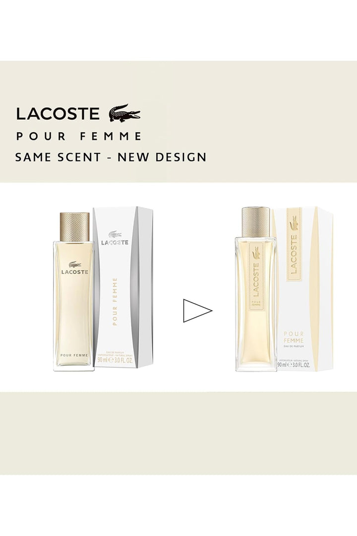 Elegant Lacoste Pour Femme perfume bottle against a soft neutral backdrop