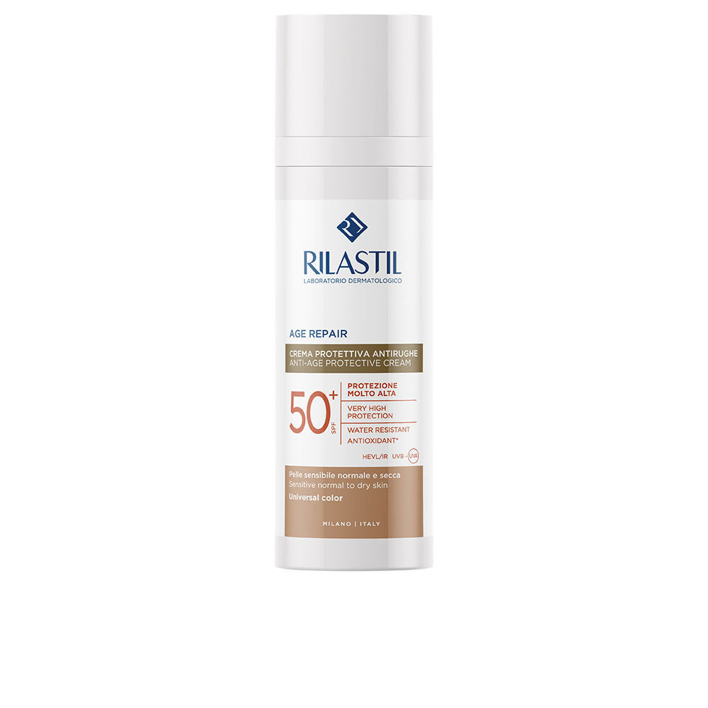 Rilastil White and brown plastic pump tube of SPF 50+ anti-age protective cream, minimalist clinical styling