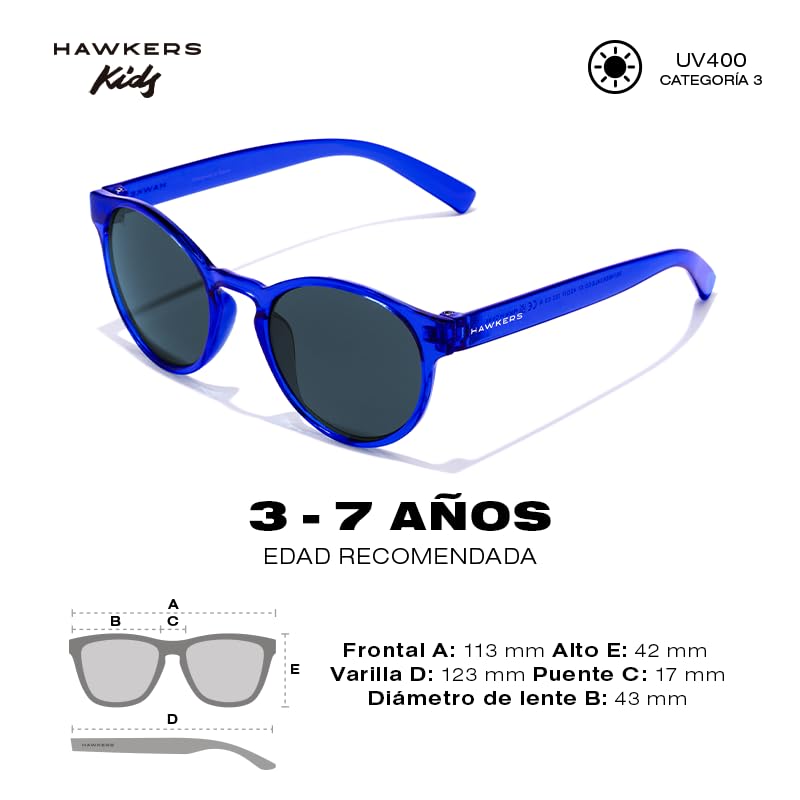 Hawkers round kids sunglasses, transparent blue plastic frame, keyhole bridge, dark round lenses