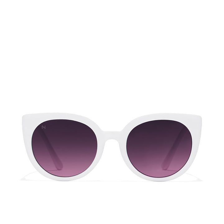 White plastic cat-eye sunglasses with purple gradient lenses, fashionable retro-inspired silhouette, Hawkers