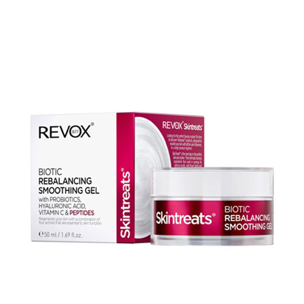 Revox B77 white and dark pink plastic jar and box with label, modern clean design, visible logo