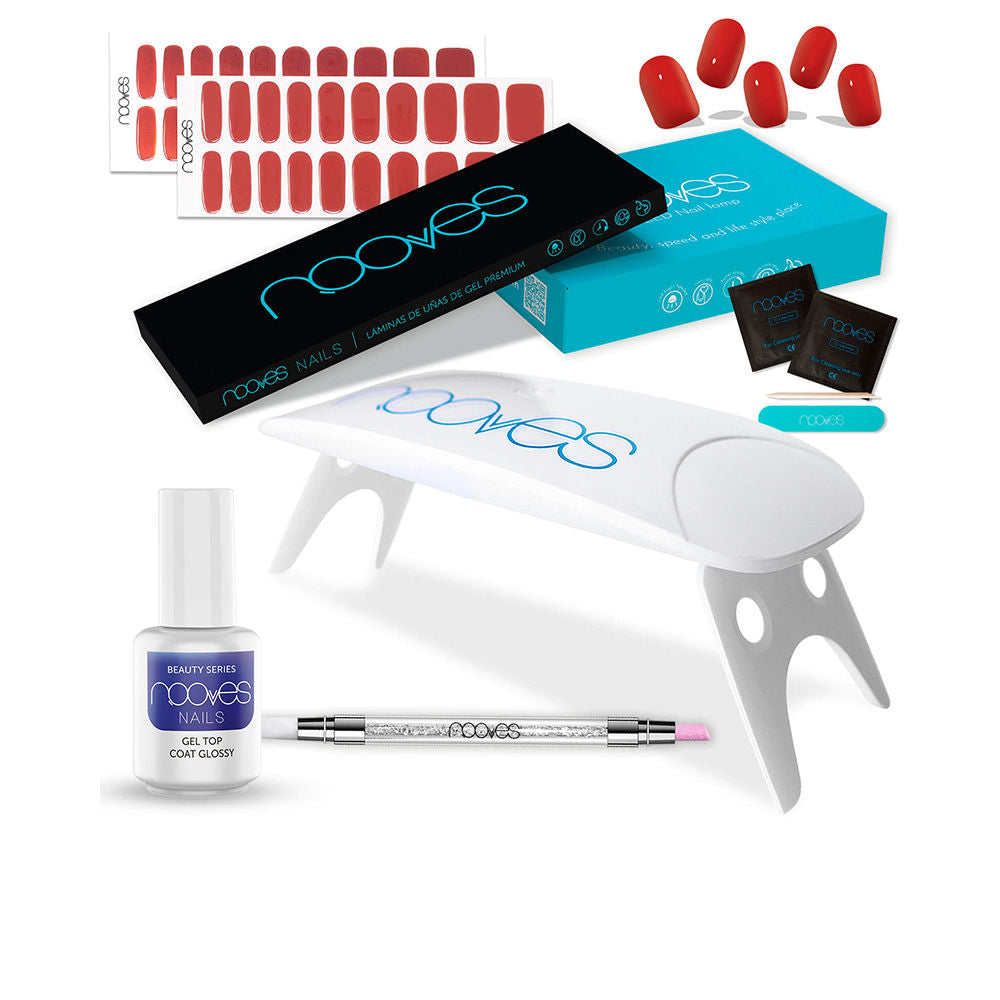 Nooves Compact modern gel nail kit with red gel strips, white LED lamp, dual-ended brush, glass top coat.