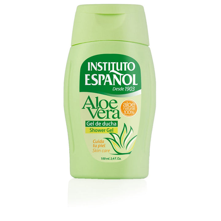 Instituto Español Light green rounded plastic shower gel bottle with flip-top cap, bilingual label and aloe graphic