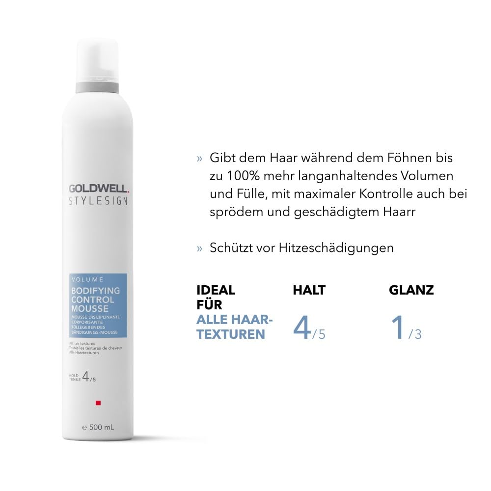 500 ml can of volumising hair mousse, light foam texture, unisex styling product