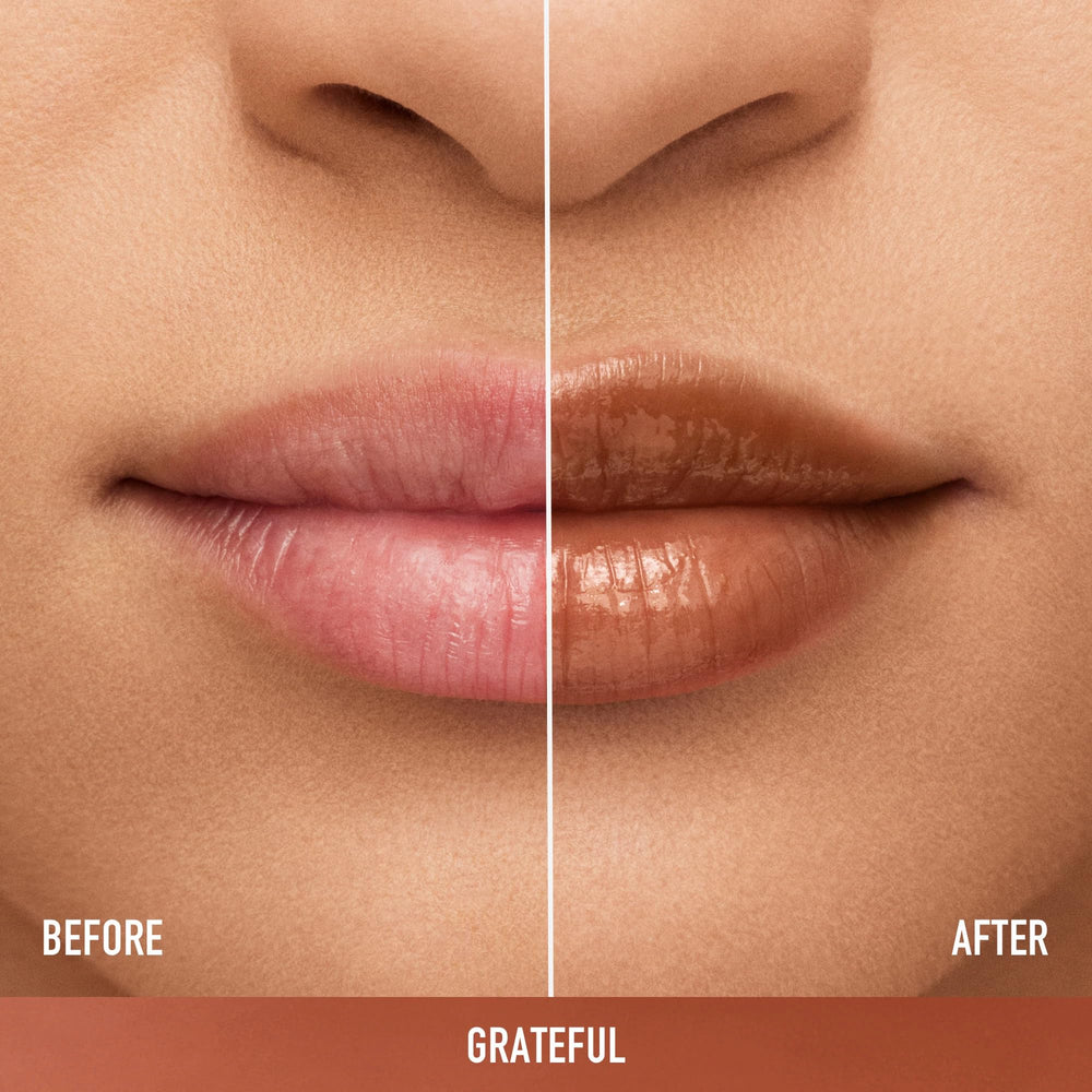 Bare Minerals hydrating satin lip gloss in clear tube with doe-foot applicator showing glossy, sheer finish