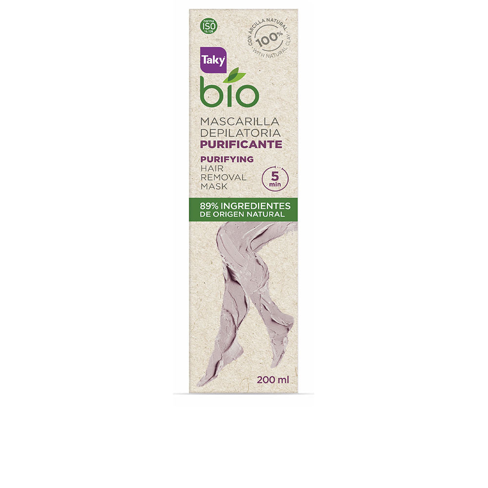 Taky packaged hair removal mask in beige, green and purple paper box showing text and legs image