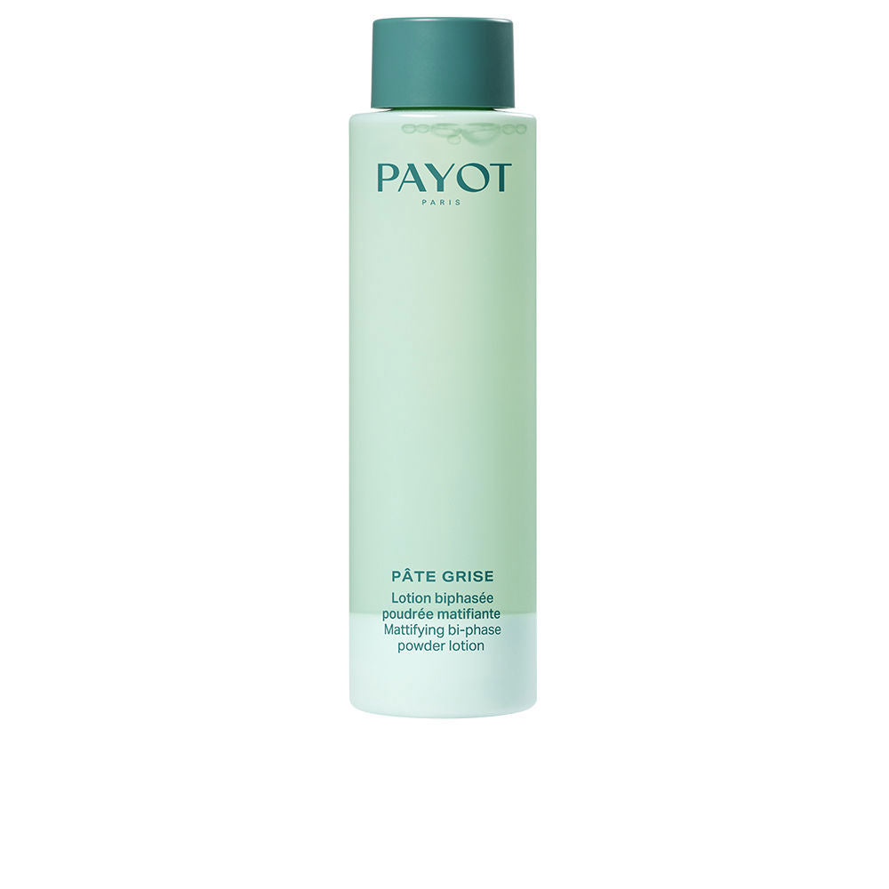 Payot Light green opaque plastic lotion bottle with screw cap, minimalist design and clean cylindrical silhouette