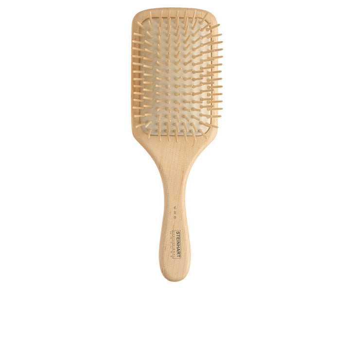 Compact flat paddle hairbrush in maple with latex cushion and rounded wooden bristles, 215 mm