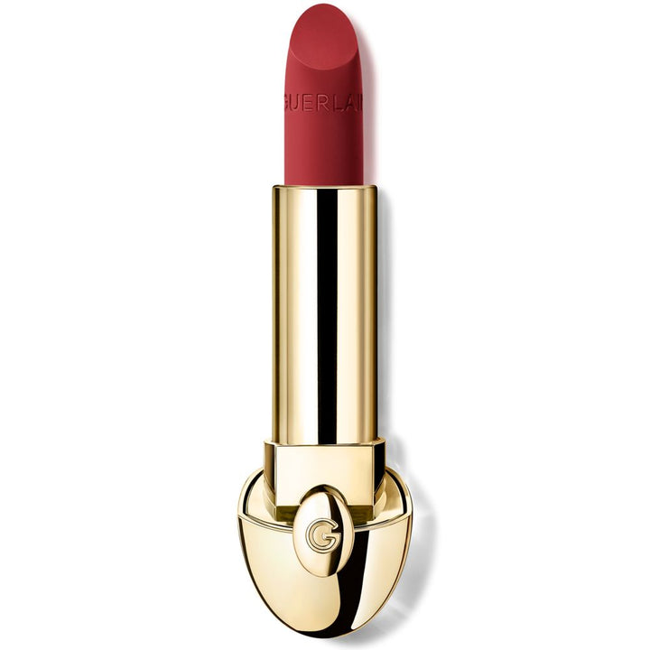 Guerlain red matte lipstick with gold metallic casing, embossed name, rounded base logo emblem