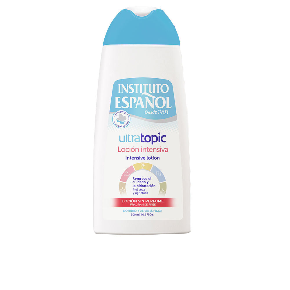 Instituto Español White rectangular plastic lotion bottle with blue flip-top cap, multicolor label, logo and measurement text