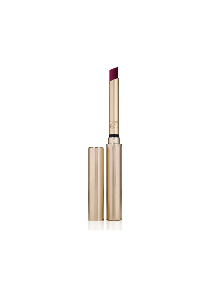Slim 6 mm silk-matte lipstick in deep purple shade, textured gold case, 7 g