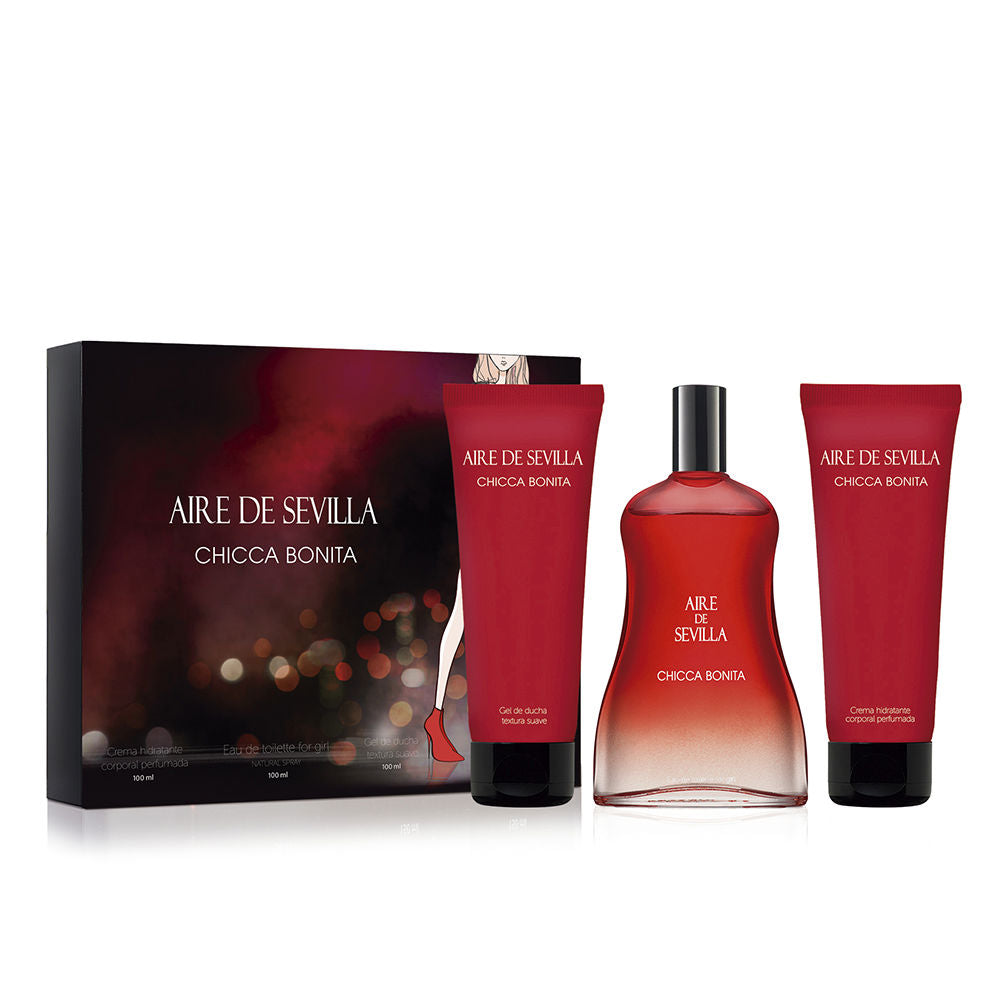Aire Sevilla Red and black boxed perfume gift set showing glass spray bottle, plastic tubes, and cardboard box