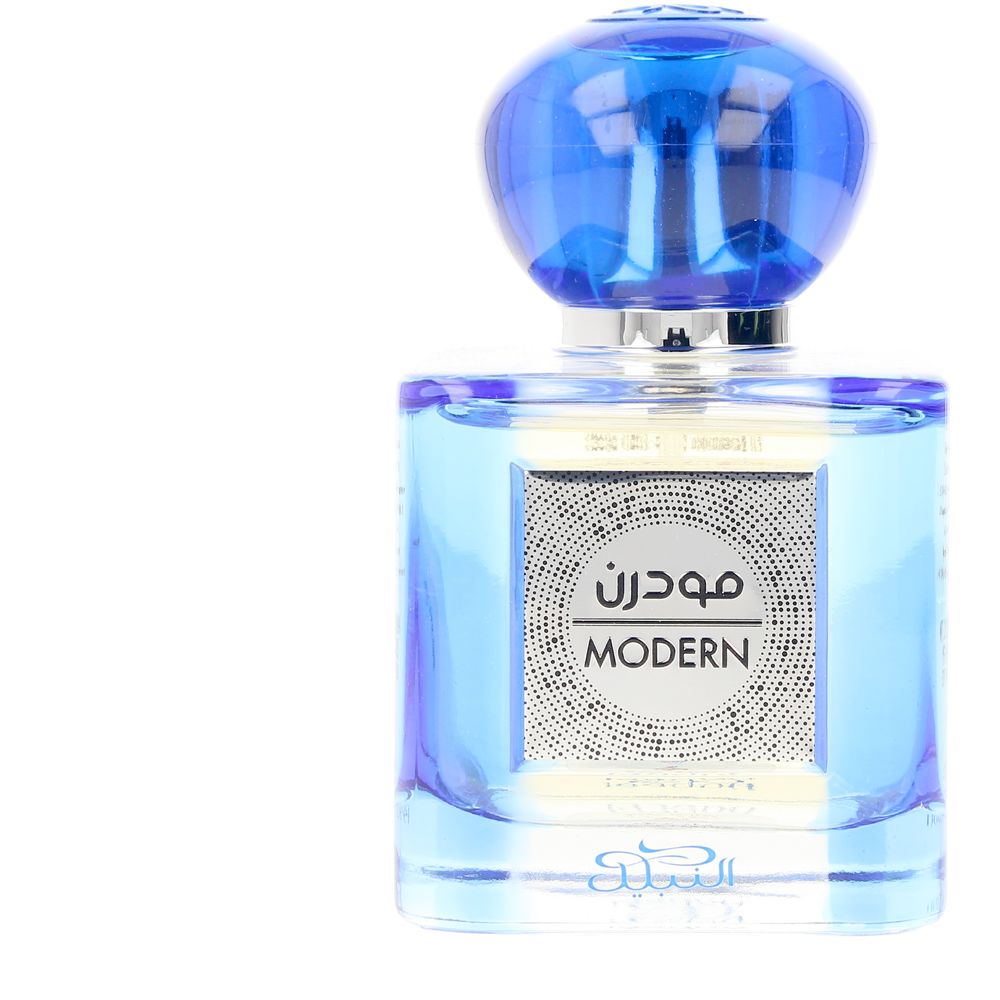 Nabeel Transparent glass square perfume bottle with rounded blue cap, silver dotted label
