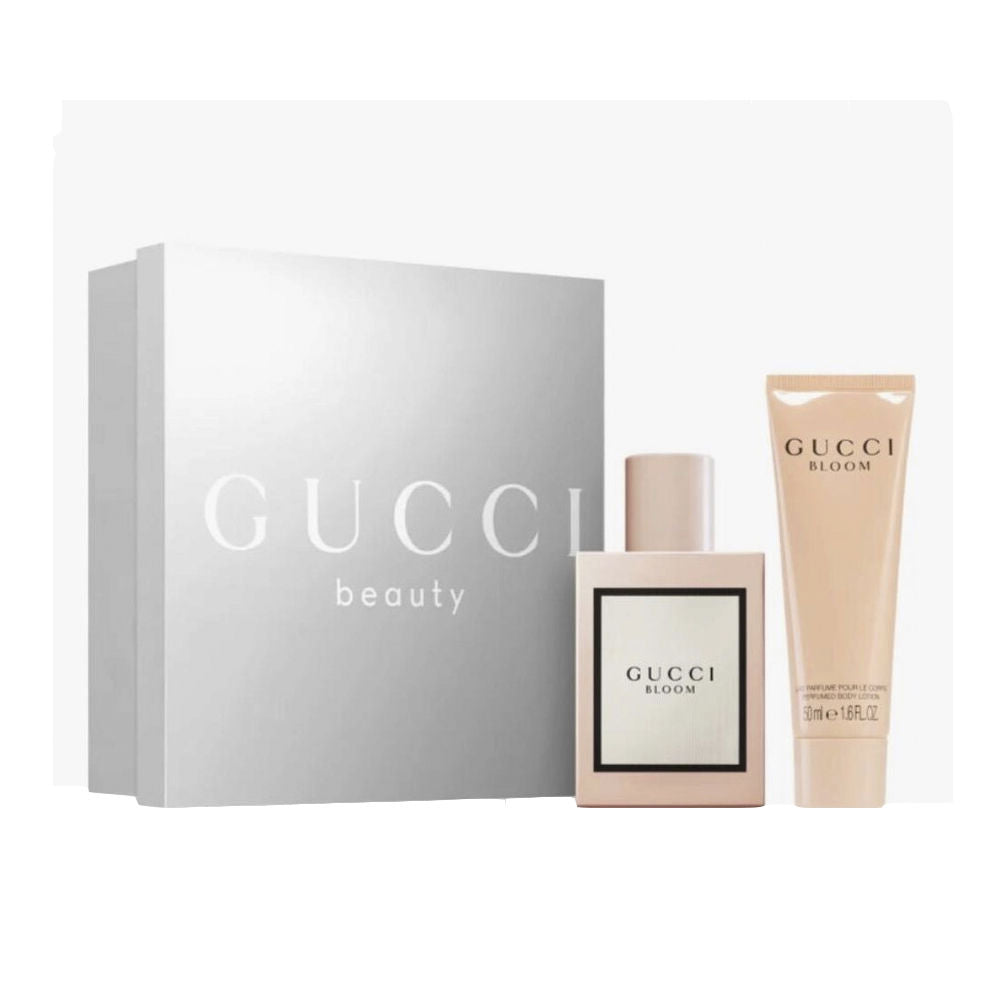 Gucci Beige, light-pink boxed perfume gift set with rectangular bottle, tube, black-bordered label, printed text