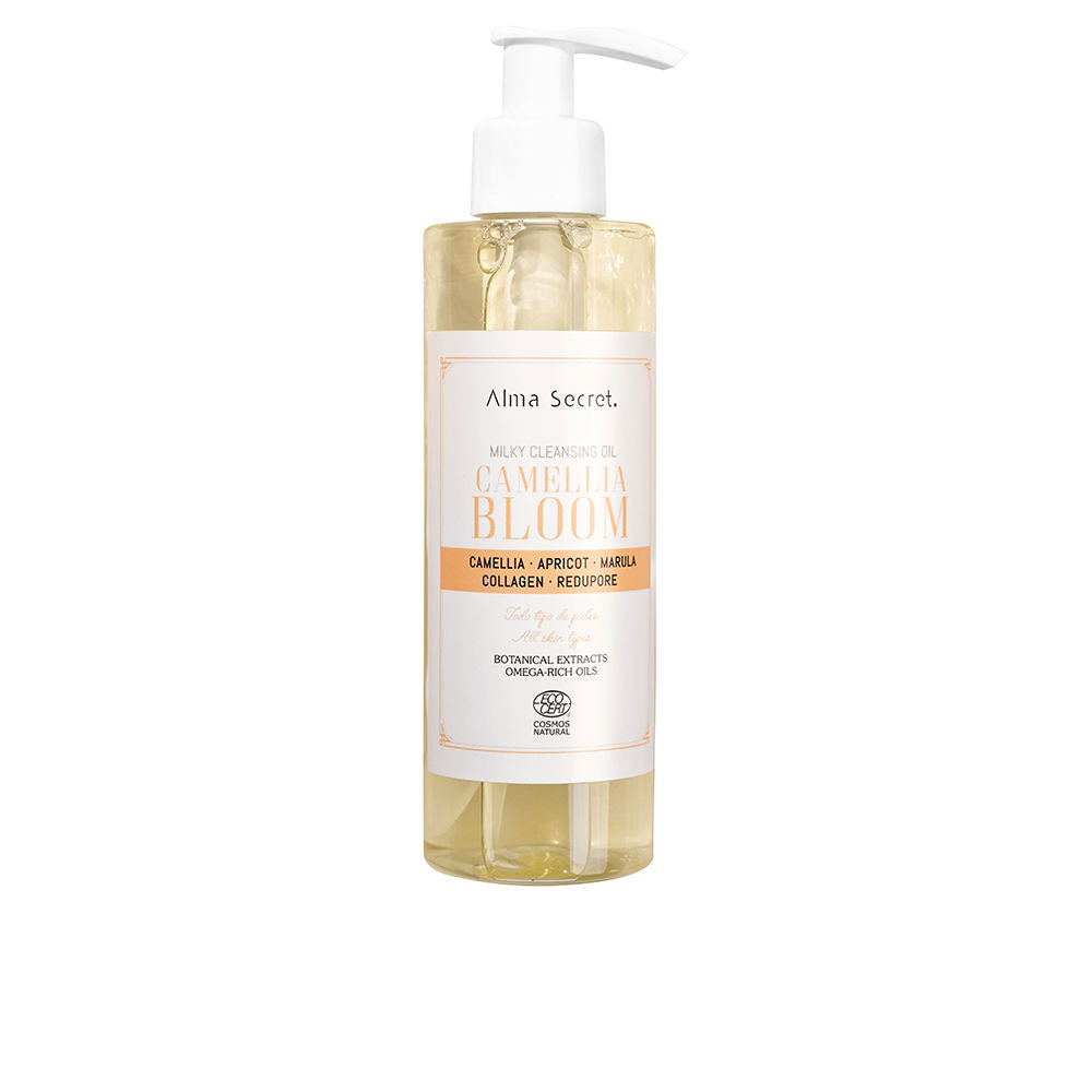 Alma Secret Light yellow cleansing oil in transparent plastic bottle with pump, rectangular white label showing text and logo
