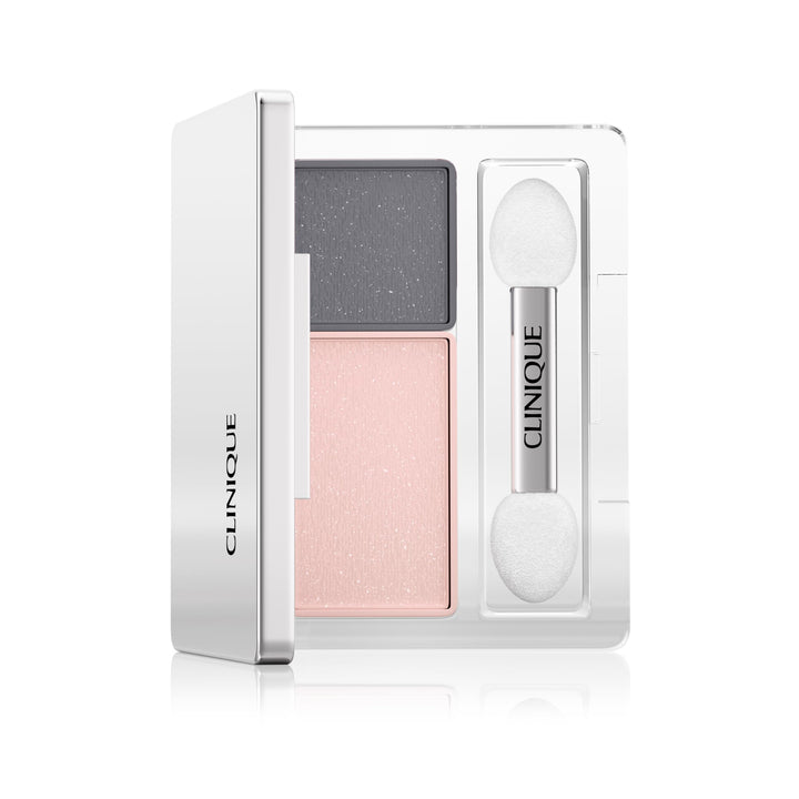 Compact eyeshadow duo in grey and rose with brush and sponge applicator