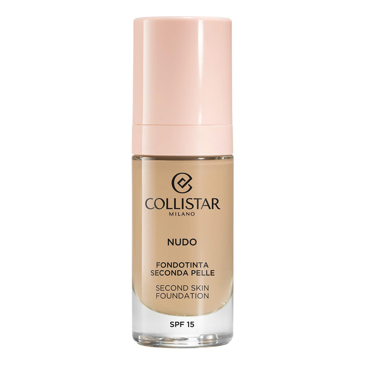 30 ml tube of light beige fluid foundation, dewy second-skin finish, SPF 15