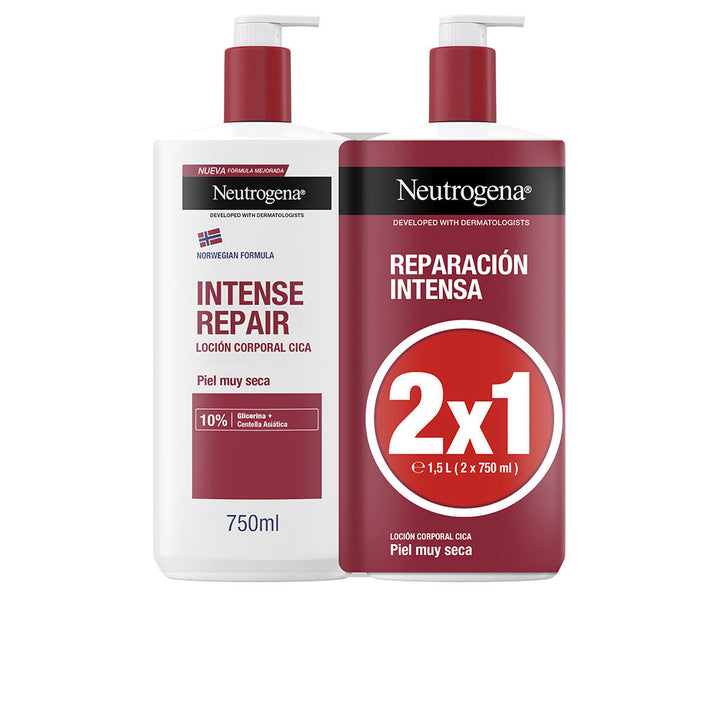 Neutrogena Dual plastic pump bottles of white and dark red body lotion with prominent logo and large labeled measurements