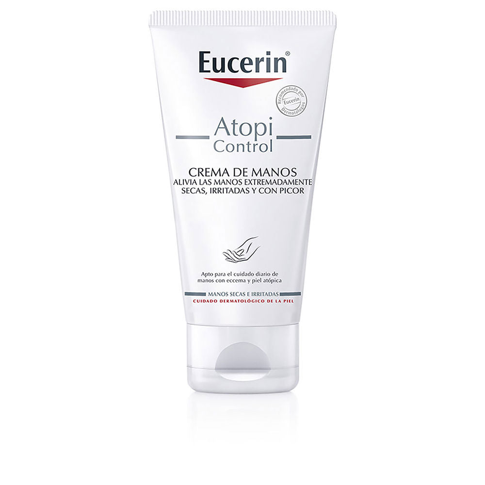 Eucerin White plastic hand cream tube with flip-top cap, printed text and small hand illustration