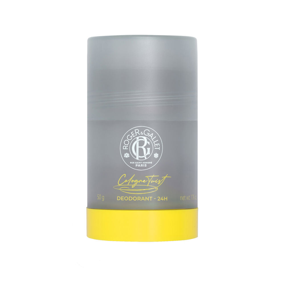 Yellow Roger & Gallet deodorant stick with citrus and wood fragrance, vegan formula