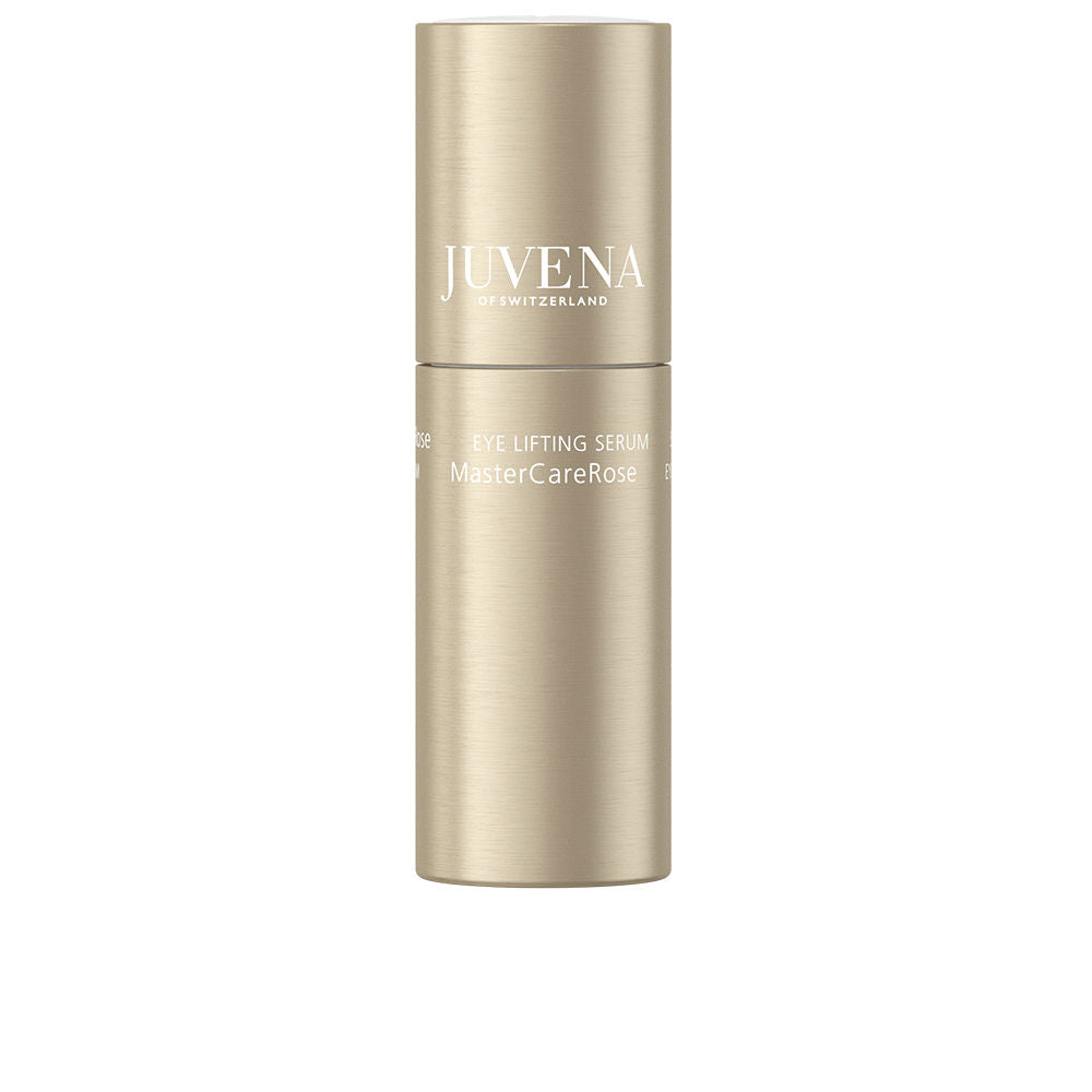 Juvena gold cylindrical eye lifting serum bottle with matte finish, white text, two-part capped container