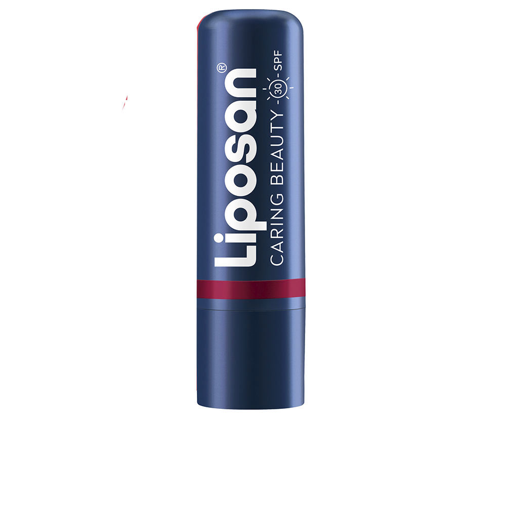 Liposan tinted lip and cheek balm in dark blue plastic tube with red stripe, cylindrical twist-up stick