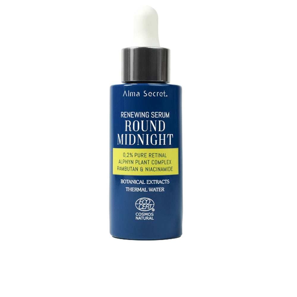 Alma Secret Glass cylindrical blue serum bottle with dropper cap, white text and yellow label section