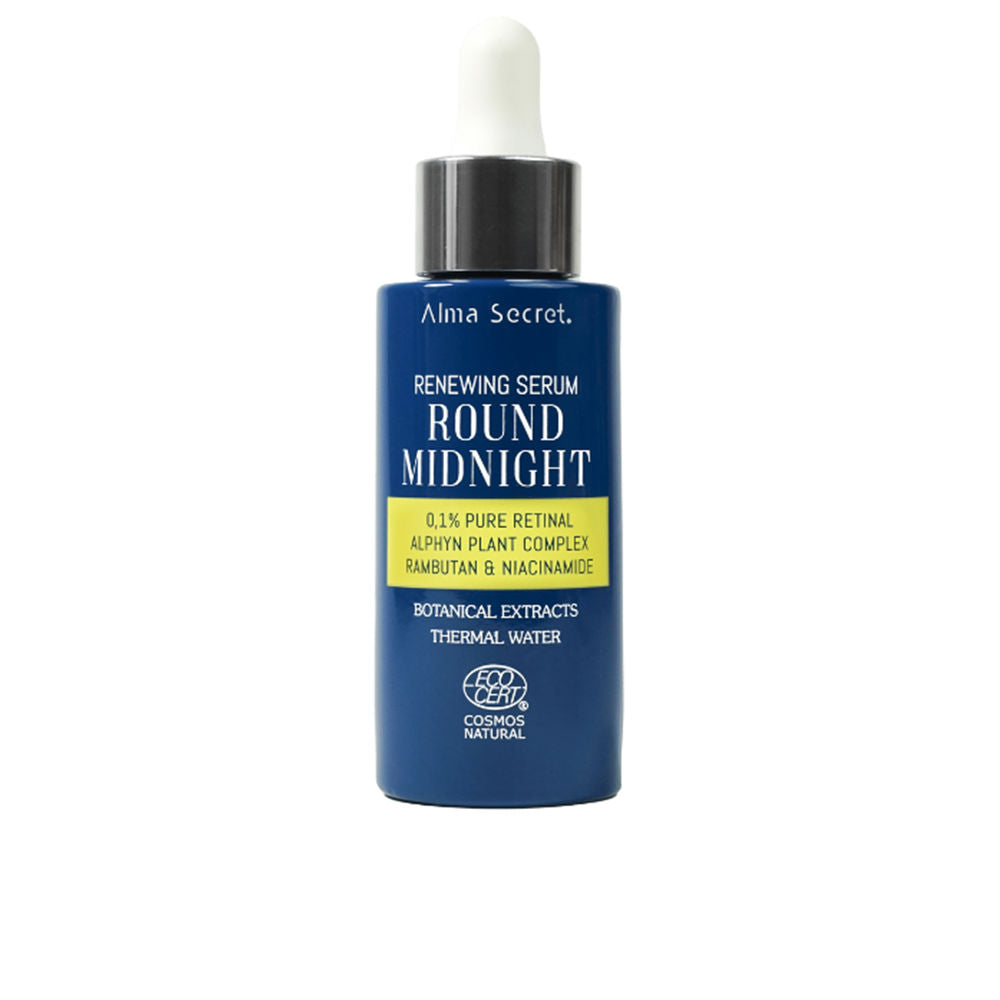 Alma Secret Blue cylindrical serum bottle with dropper cap, white and yellow label text, Alma Jules