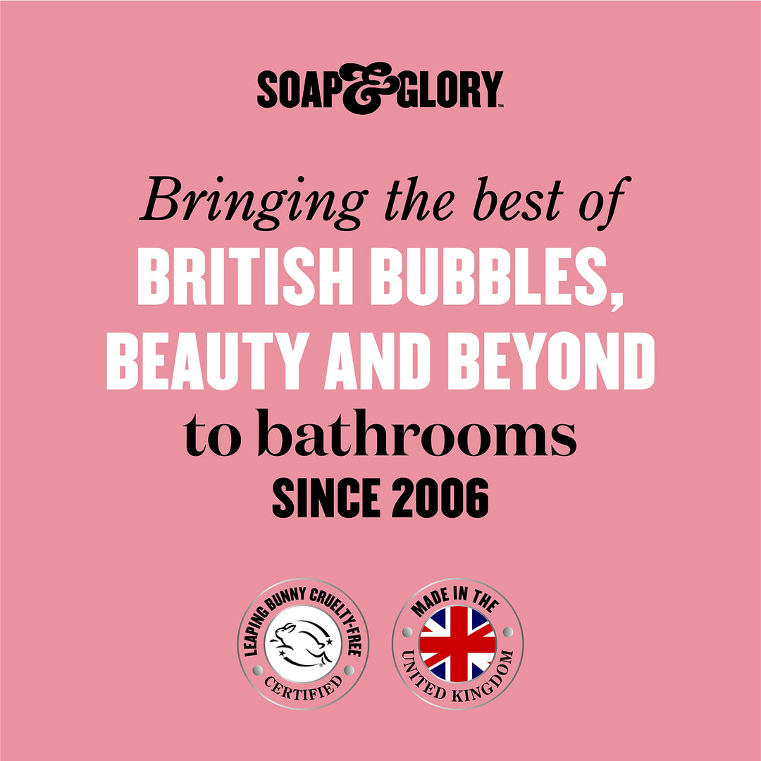 Soap &amp; Glory Plastic cylindrical body wash bottle in pink, orange and beige with flip-top cap, fruit and floral graphics, bold text branding, measurement markings — .