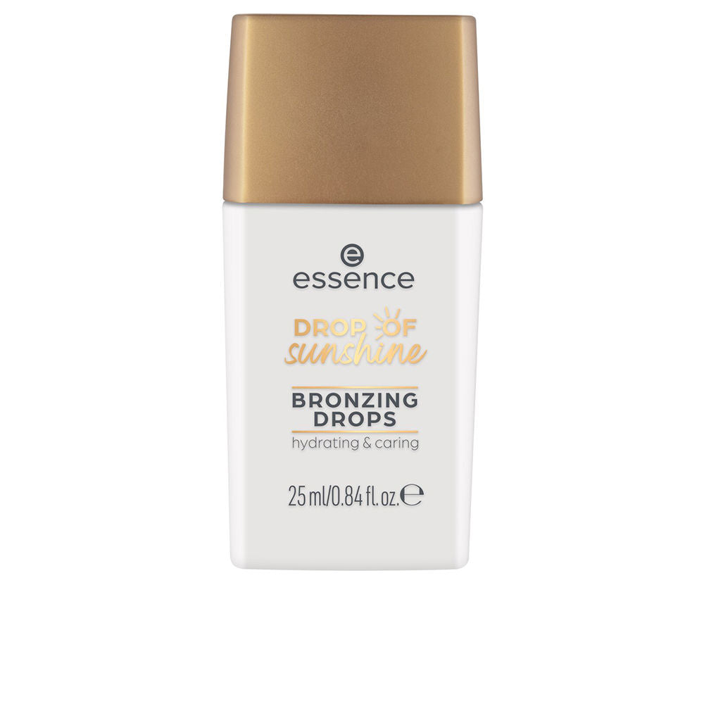 Essence Small rectangular plastic bottle with gold cap, white and gold finish, printed label, compact size