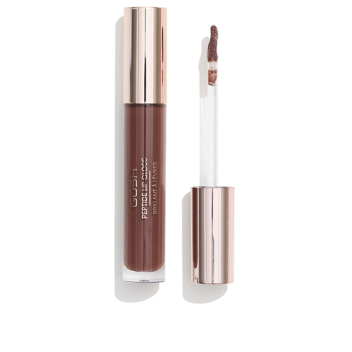 7 ml brown sheer lip gloss in slender tube with wand applicator, glossy finish