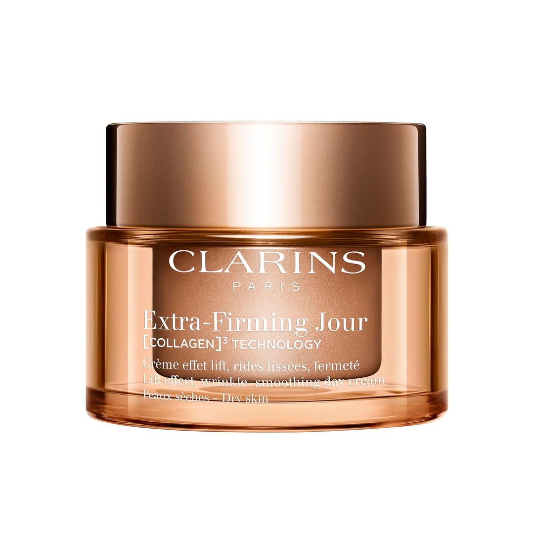 Refillable jar of Clarins Extra-Firming Day Cream positioned on a neutral surface