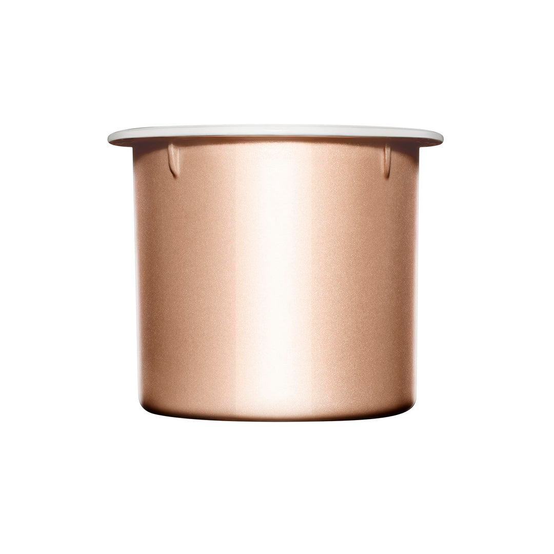 Clarins refillable day cream jar, elegant packaging, creamy texture visible