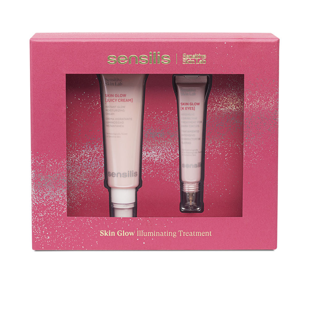 Sensilis Two pink plastic tubes with gold text and glittery packaging, transparent window revealing product names
