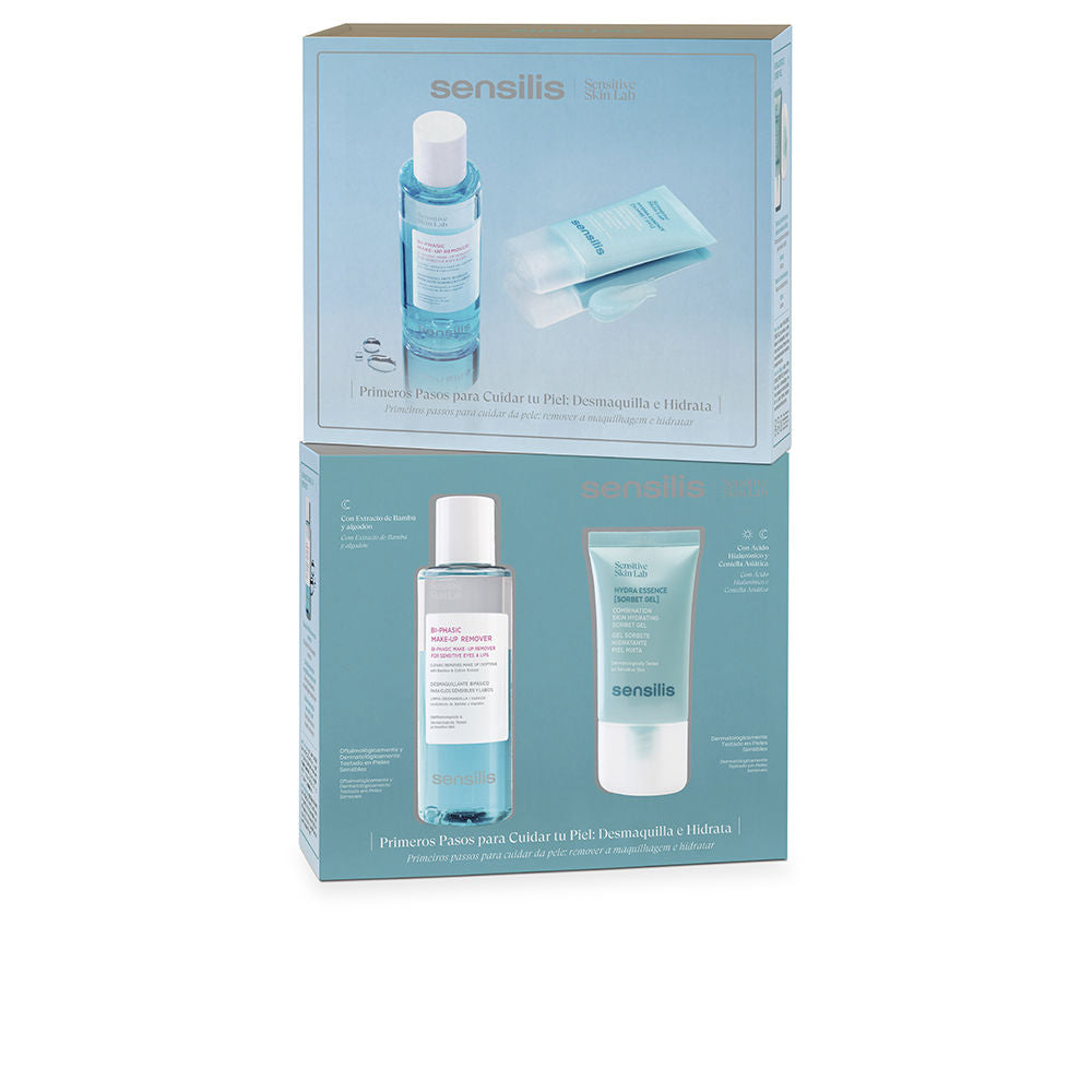 Sensilis Light blue plastic skincare set: clear bottle with white cap, tube with flip cap, labeled packaging box.