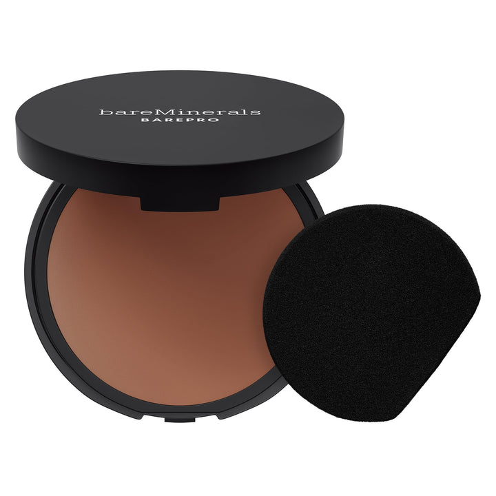 Compact matte mineral powder foundation in labelled pan, deep neutral shade