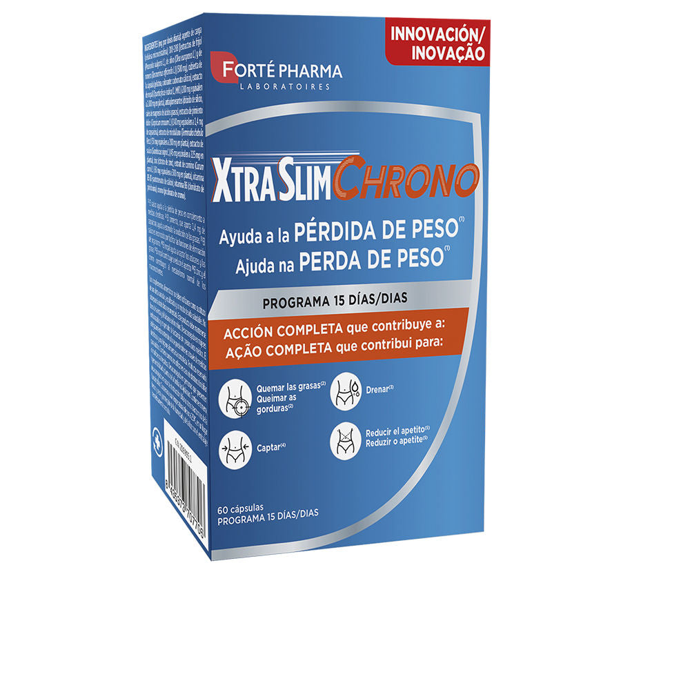 Forté Pharma Blue rectangular cardboard dietary supplement box with silver curve, red-white label accents and front text