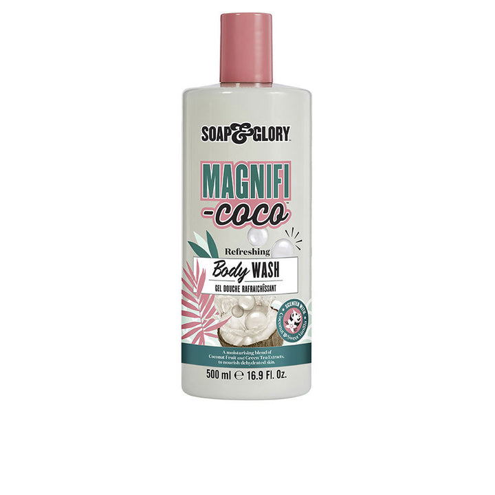 Off-white plastic 500ml body wash bottle with pink flip-top cap, botanical coconut and leaf illustrations, text label, Soap &amp; Glory