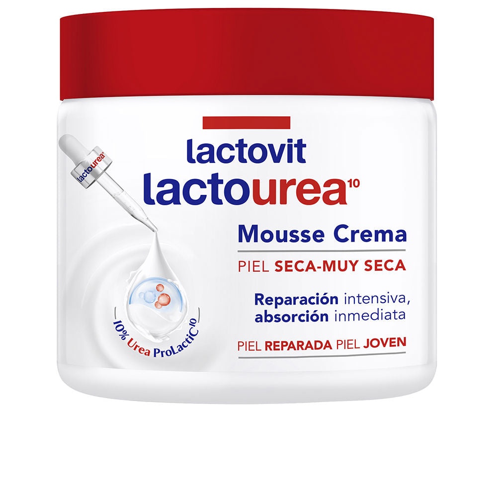 Lactovit White and red plastic pump mousse cream with blue label, dropper and cream texture illustrations
