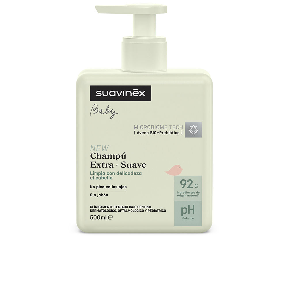 Bottle of Suavinex ultra-gentle baby shampoo for sensitive scalps and tear-free baths