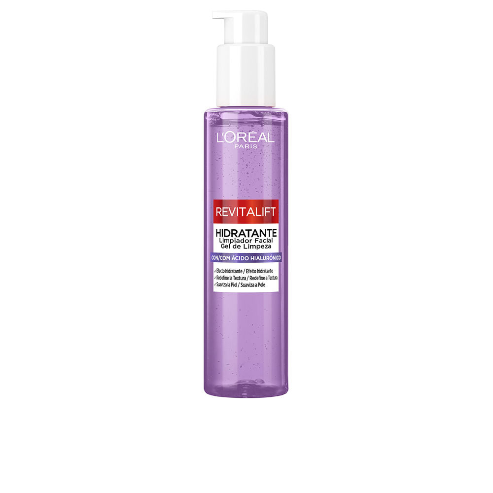 L'Oréal Paris Purple transparent plastic pump bottle showing gel cleanser, labeled bottle with visible product information and pump
