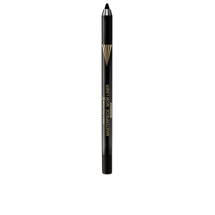 Black eyeliner pencil with pointed tip, slim cylindrical body and gold text detailing, Max Factor