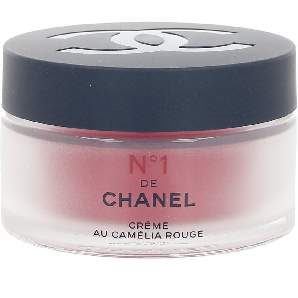 Chanel round jar face cream with black logo lid, clear lower container, visible red gel cream inside