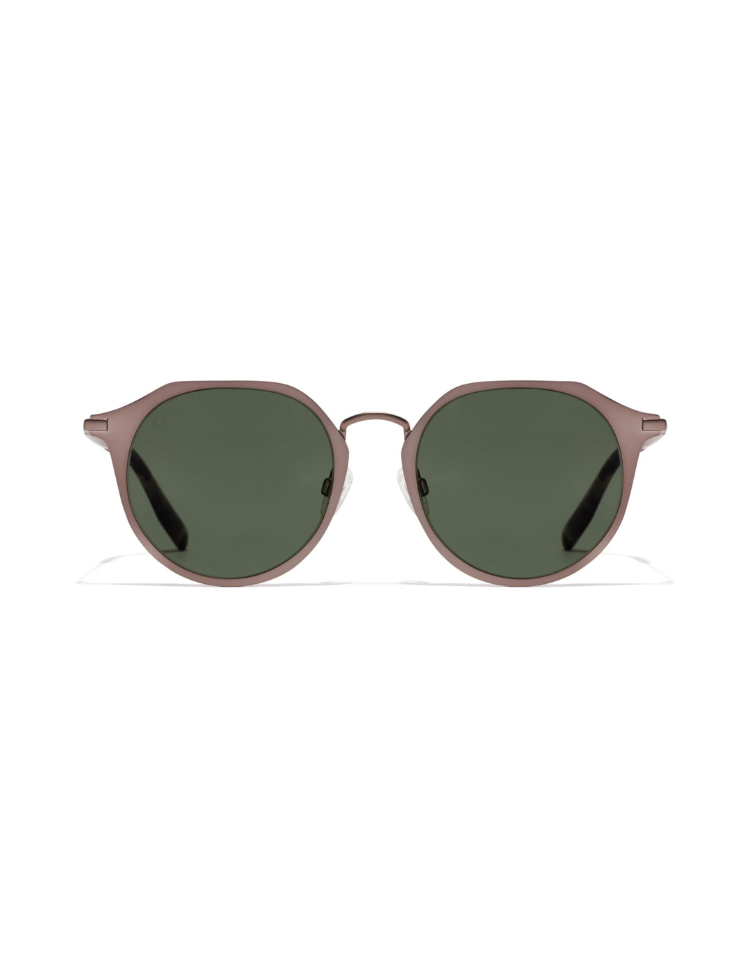 Matte brown metal round sunglasses with dark green lenses, thin frame, keyhole bridge — Hawkers