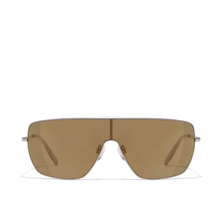 Hawkers brown shield sunglasses with continuous rectangular lens, metal frame and adjustable nose pads.