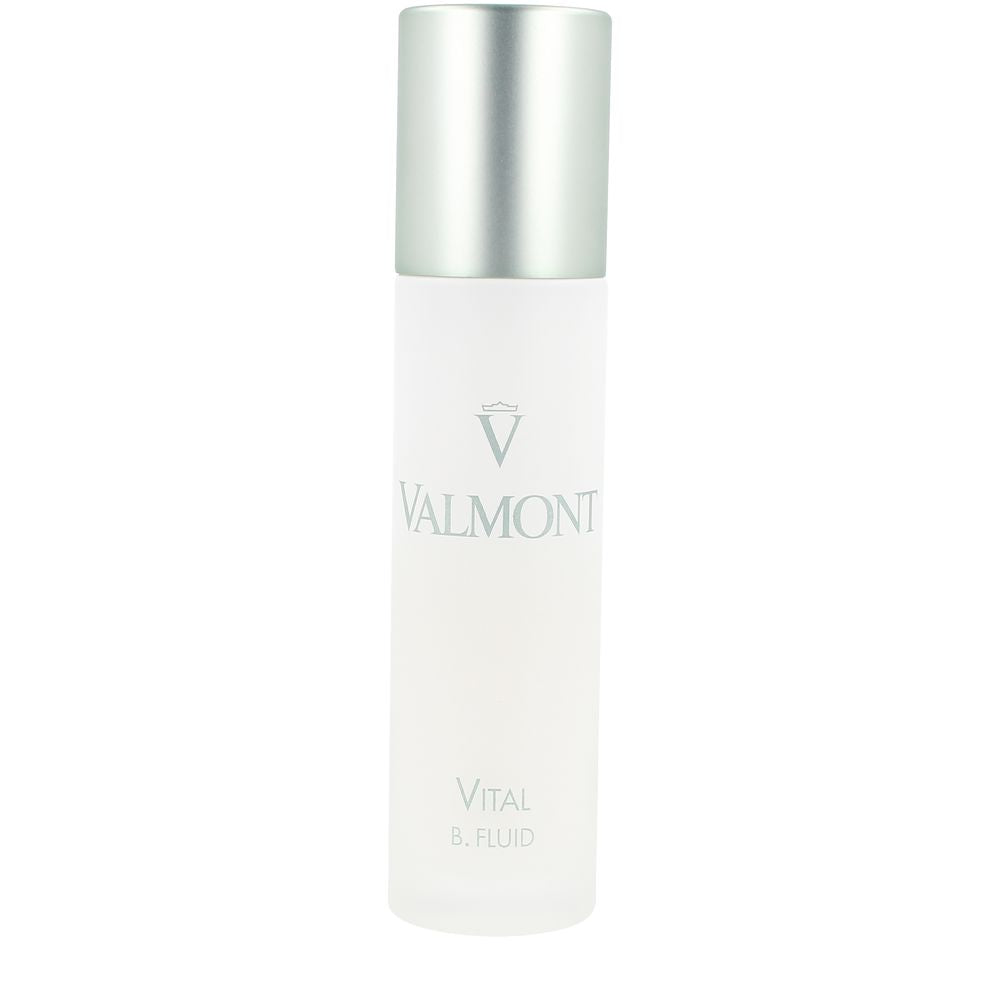 Valmont Minimalist cylindrical frosted glass serum bottle with silver screw cap, printed logo and text, Elliejules